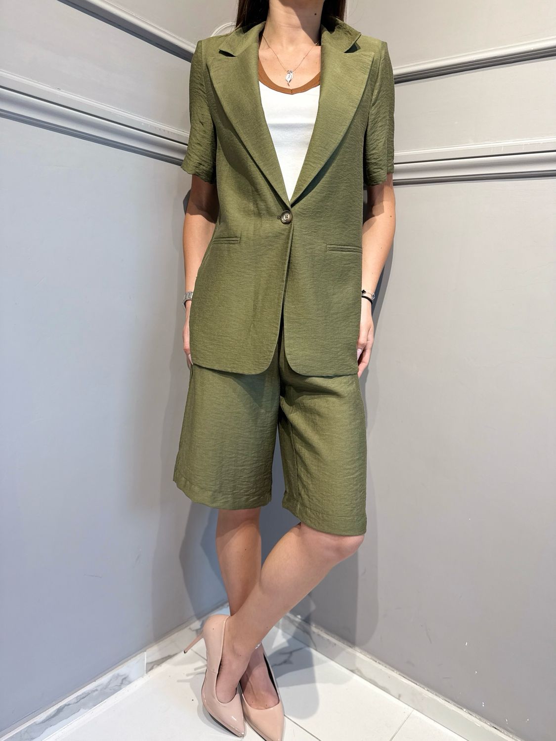 HAVE ONE - giacca maniche corte in viscosa e lino JIA-Q136 verde militare