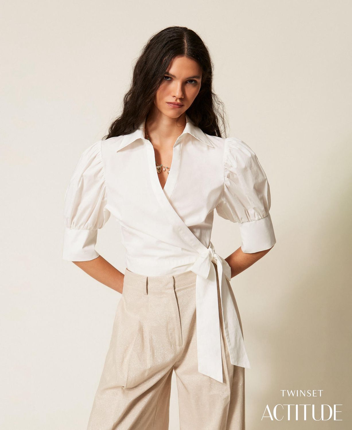 TWINSET ACTITUDE - Camicia a portafoglio in popeline off white