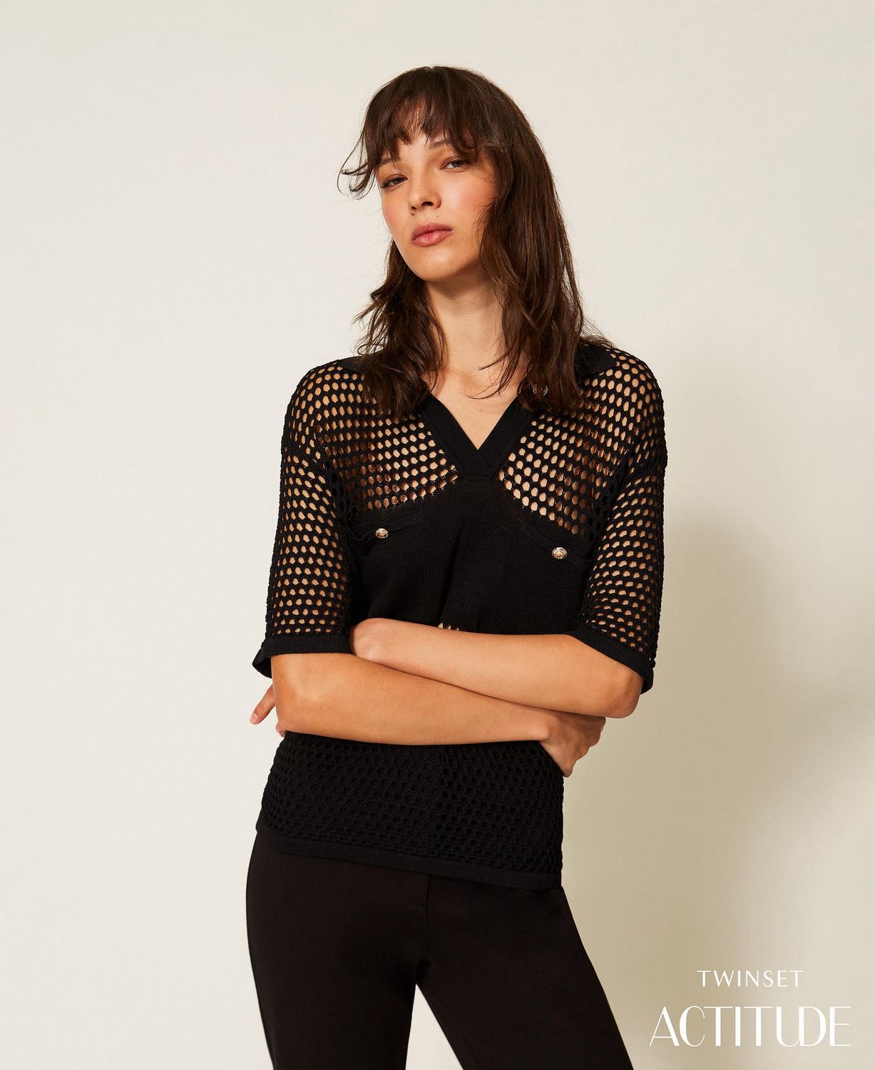 TWINSET ACTITUDE - Maglia a polo con punto a rete Nero