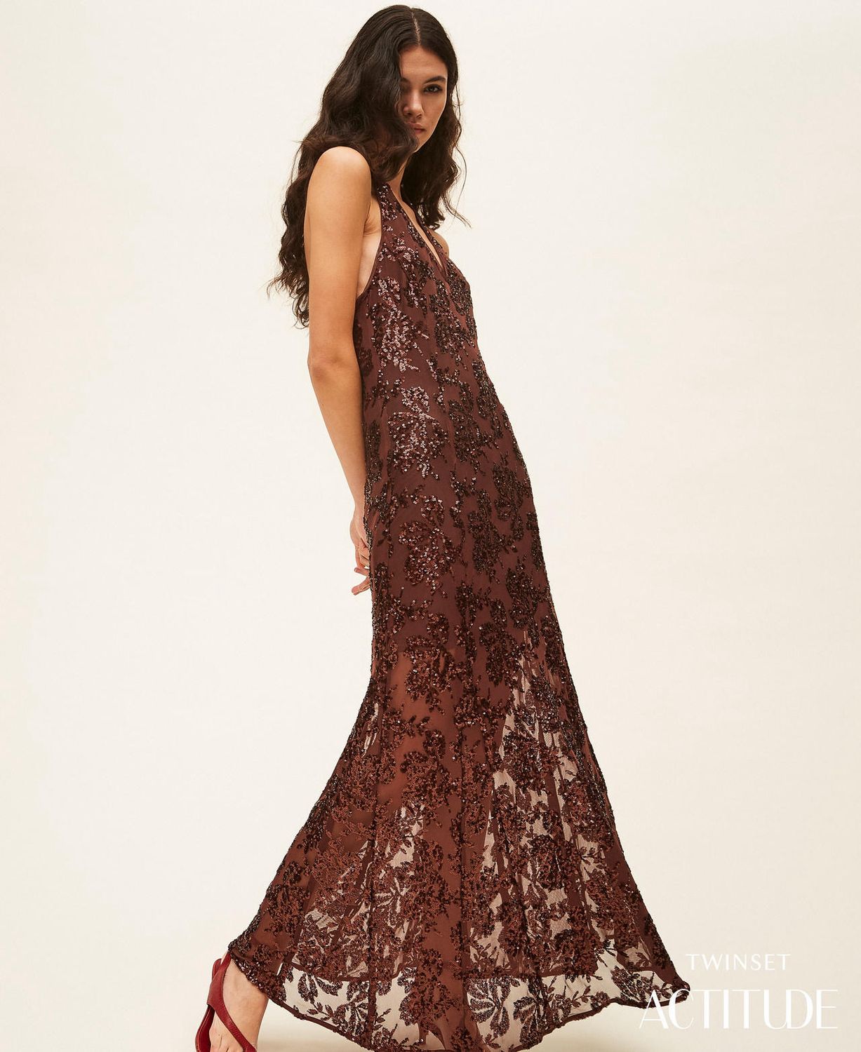 TWINSET ACTITUDE - Abito lungo in tulle con paillettes cioccolato