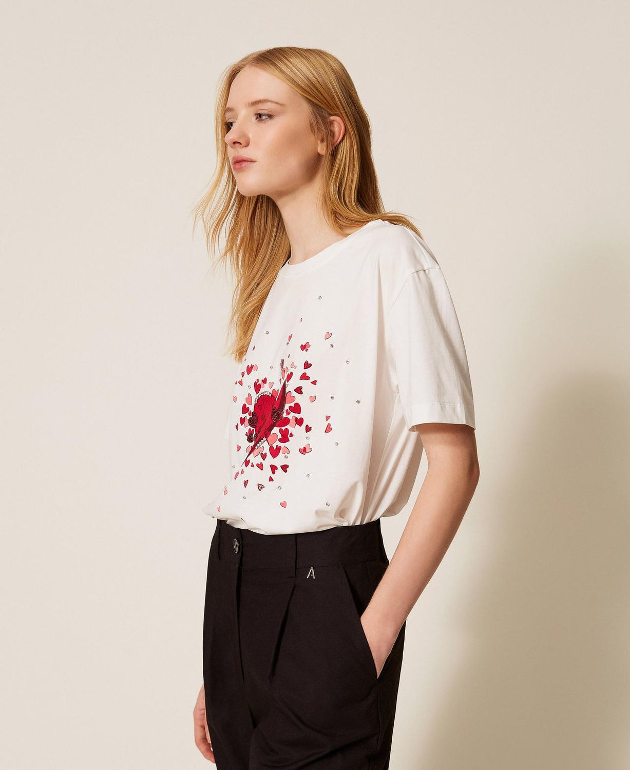 TWINSET ACTITUDE - T-shirt con stampa e strass bianco/rosso