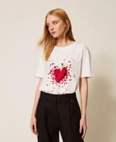 TWINSET ACTITUDE - T-shirt con stampa e strass bianco/rosso