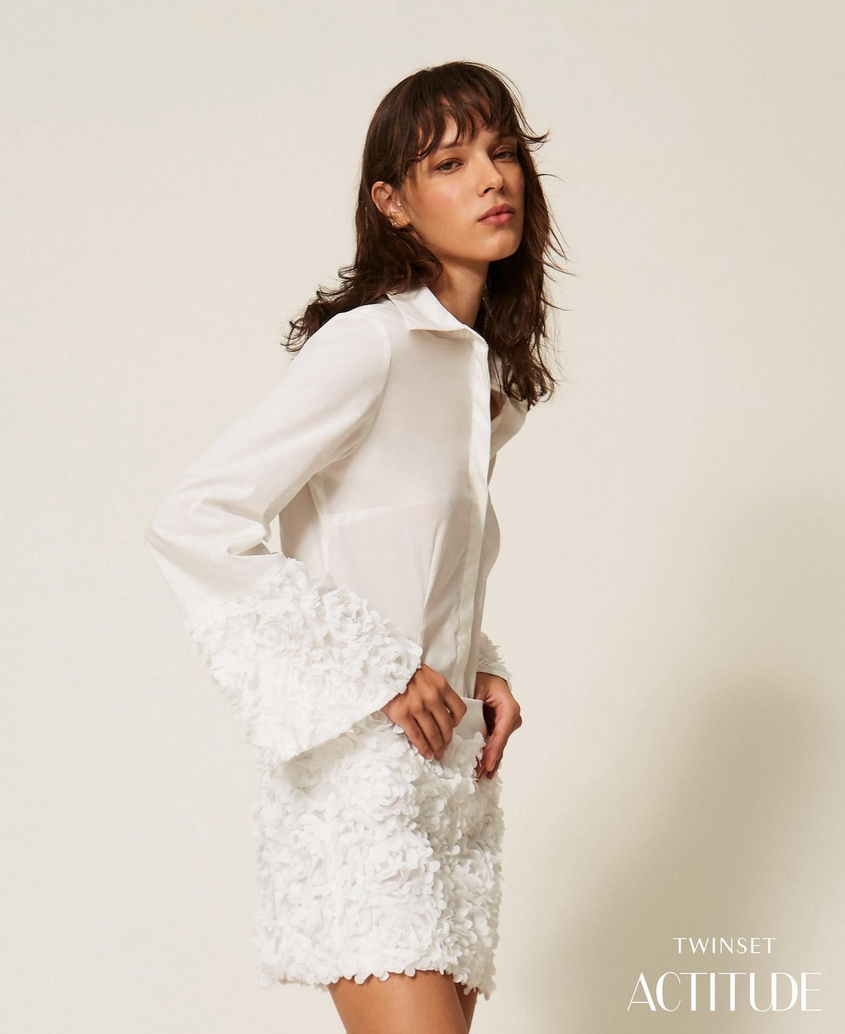 TWINSET ACTITUDE - Camicia in popeline e tulle con fiori bianco
