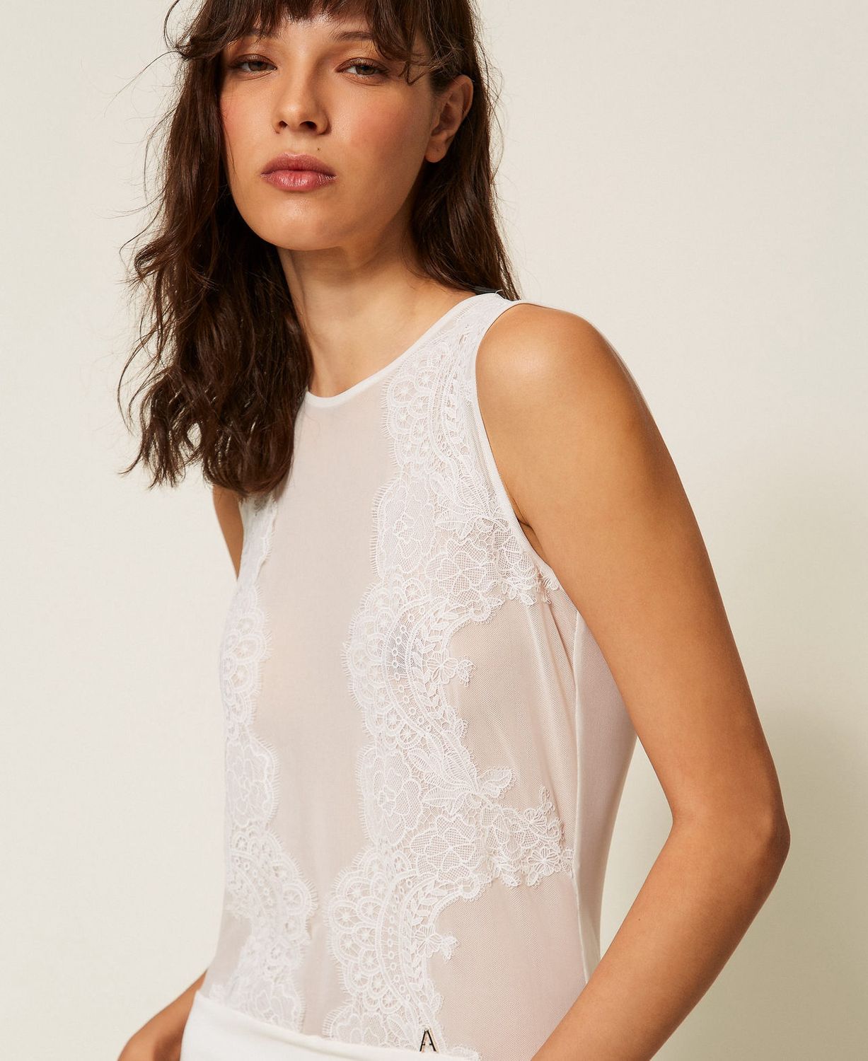 TWINSET ACTITUDE - Body in tulle con pizzo bianco