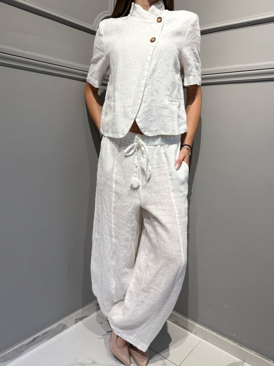 MOTEL - pantalone Baloon in puro lino S26PD51 bianco