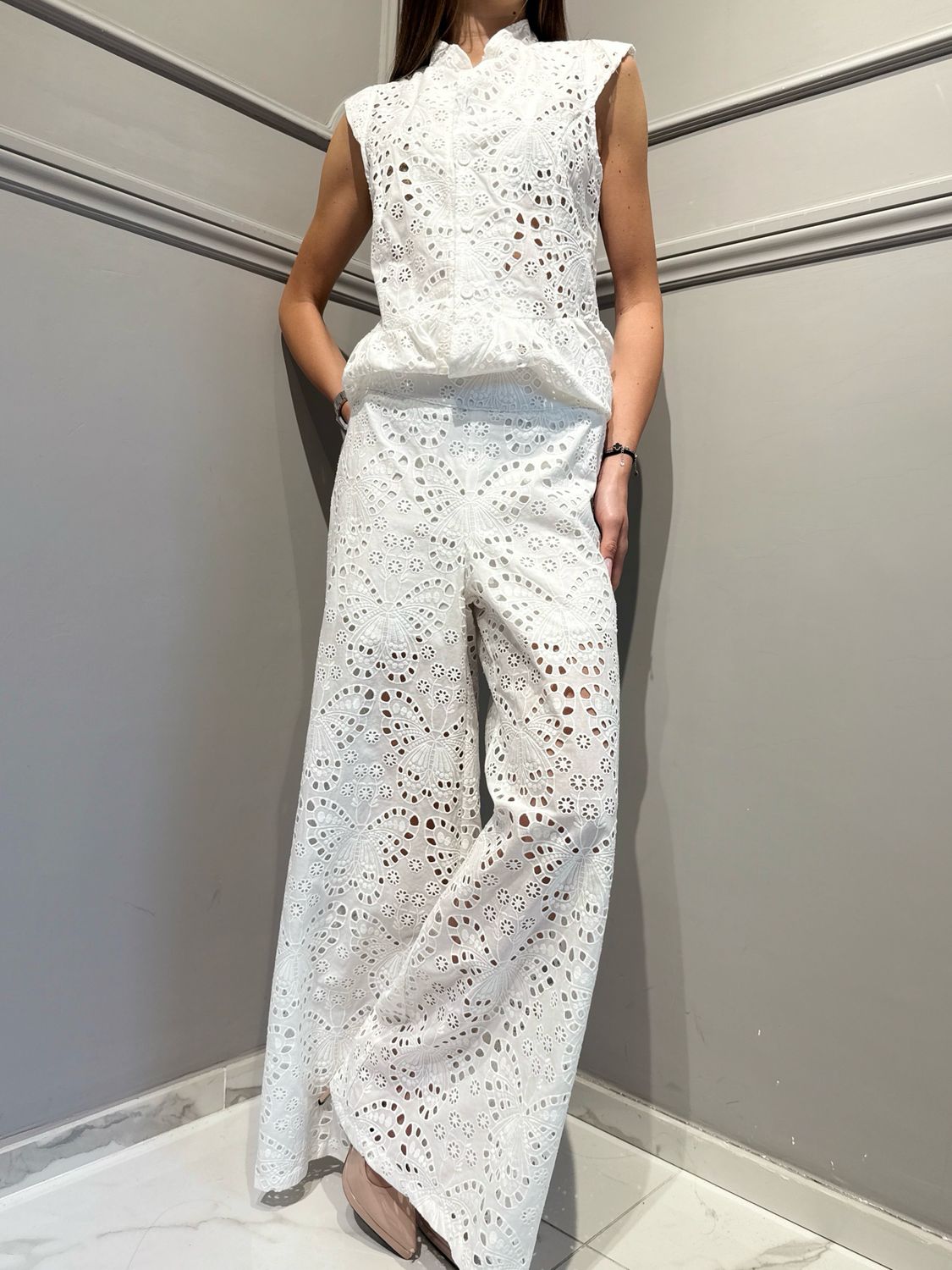 MOTEL - pantalone in pizzo sangallo a  palazzo S26PF06 bianco