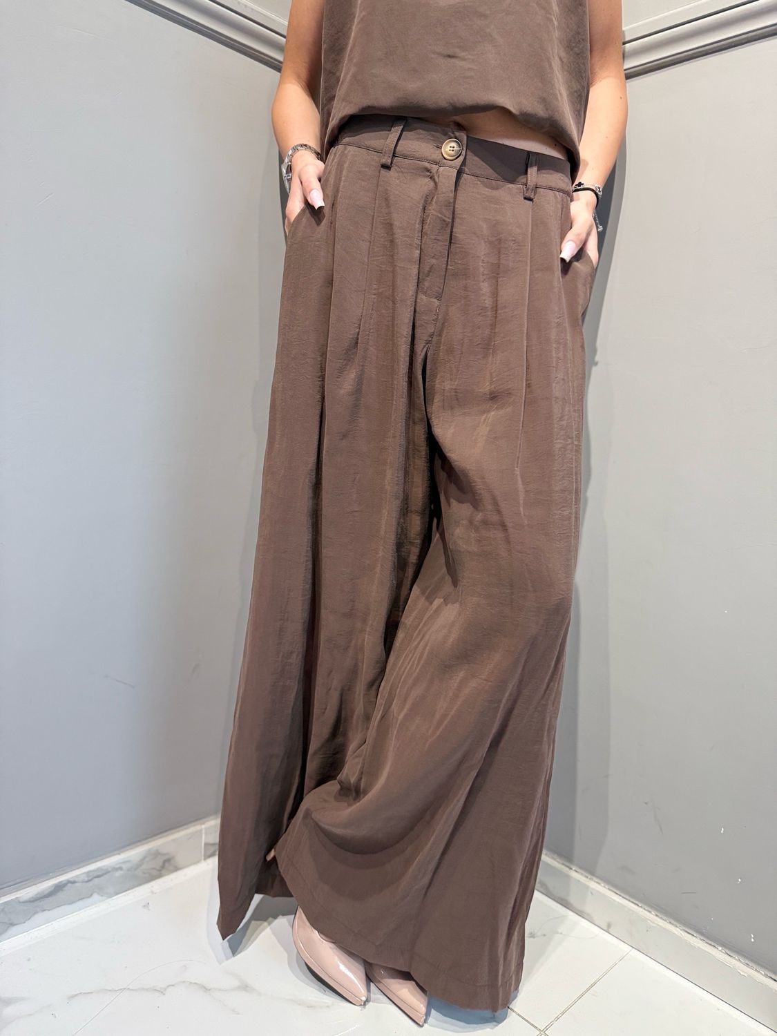 HAVE ONE - pantalone a palazzo elastico in vita PVS-Q539 cioccolato