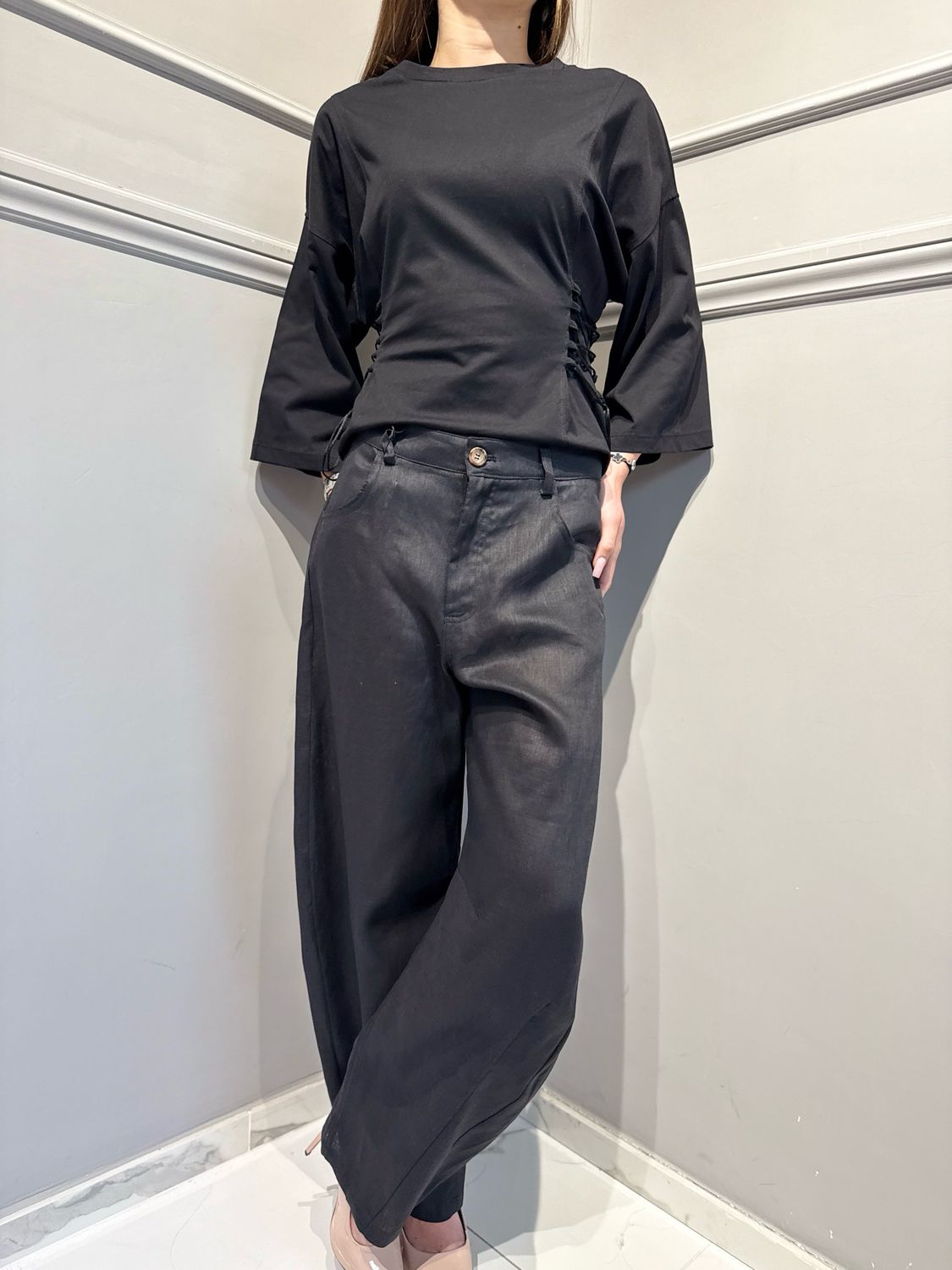 TENSIONE IN - pantalone Baloon in puro lino S26PE07 nero