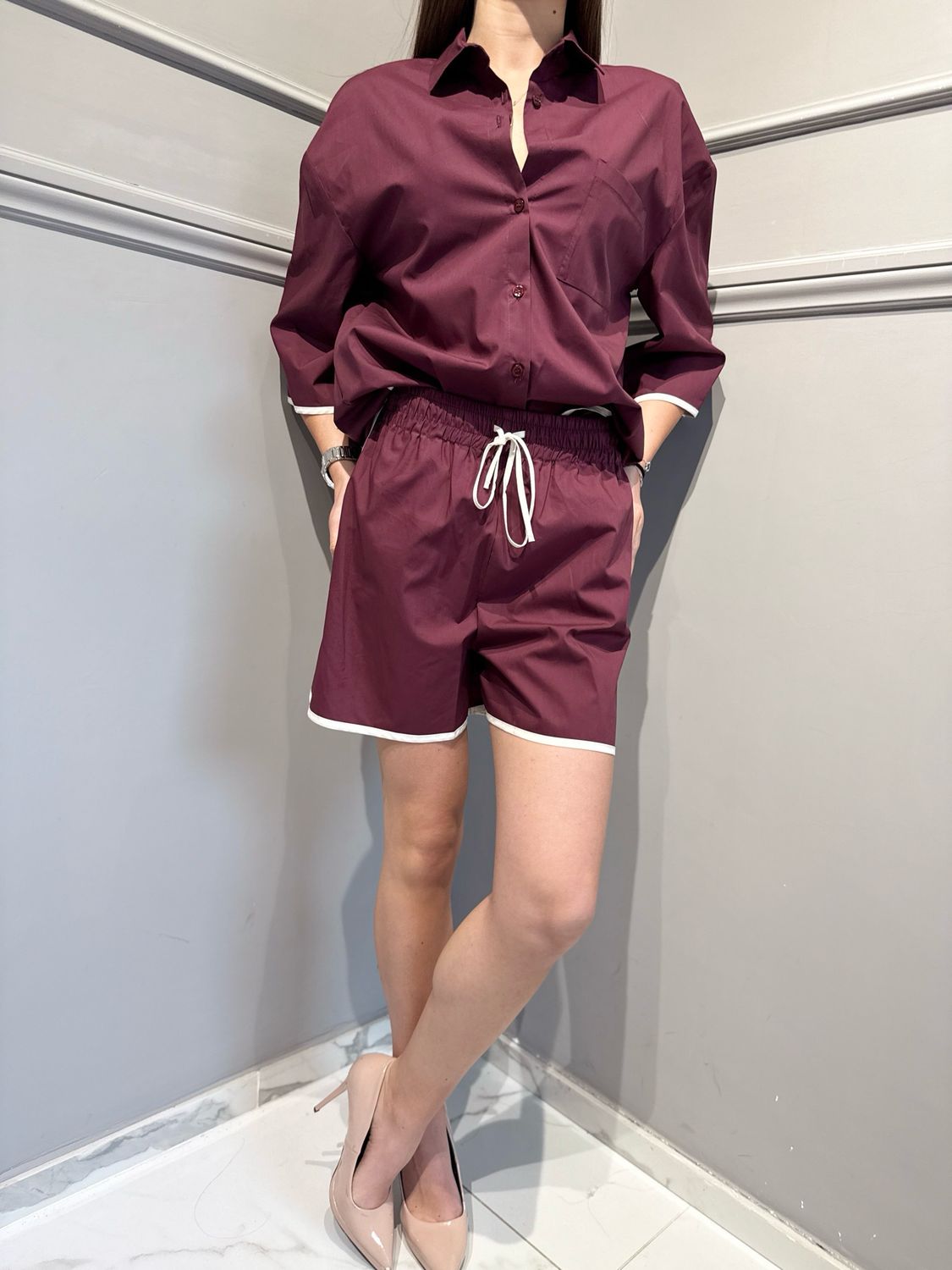 VICOLO - pantaloncino in popeline di cotone con elastico in vita TAB2258 bordeaux