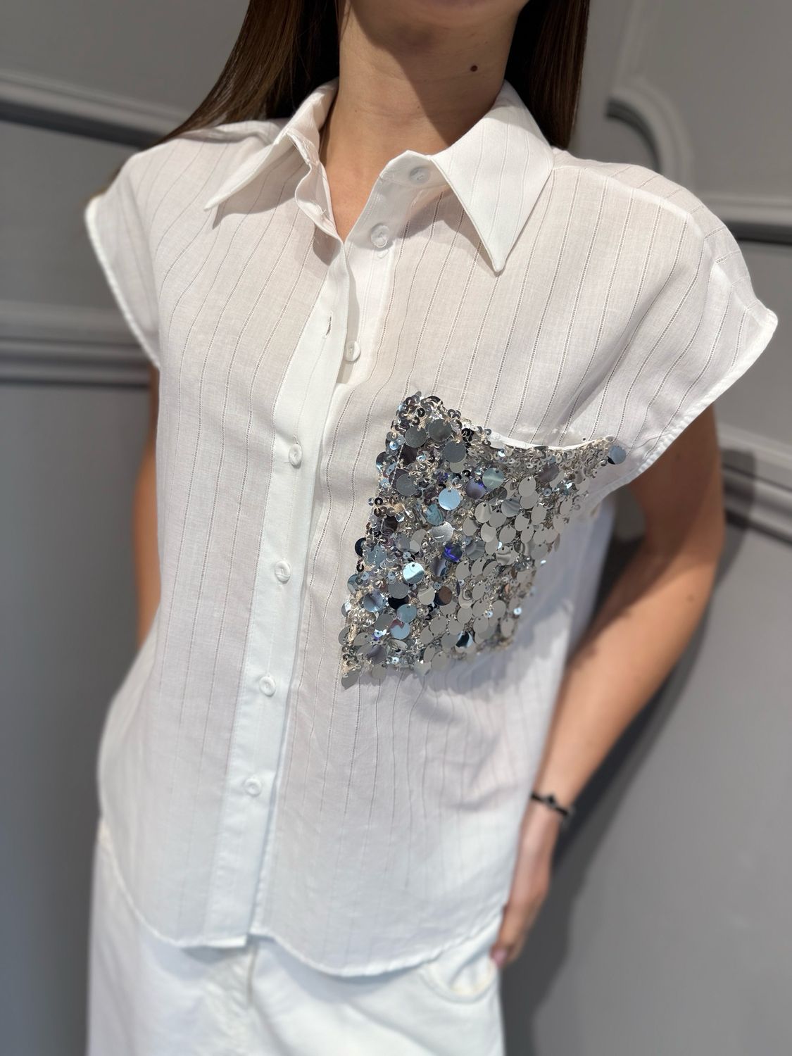 MOTEL - camicia con tasca in paillettes S26CF03 naturale