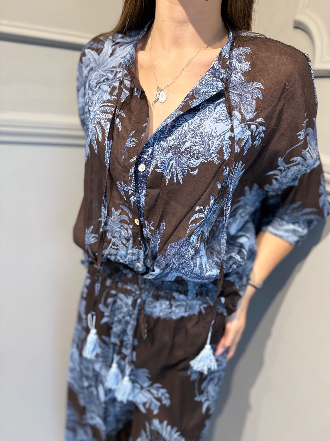 MOTEL - camicia in mussola di cotone moro/azzurro S26CG36