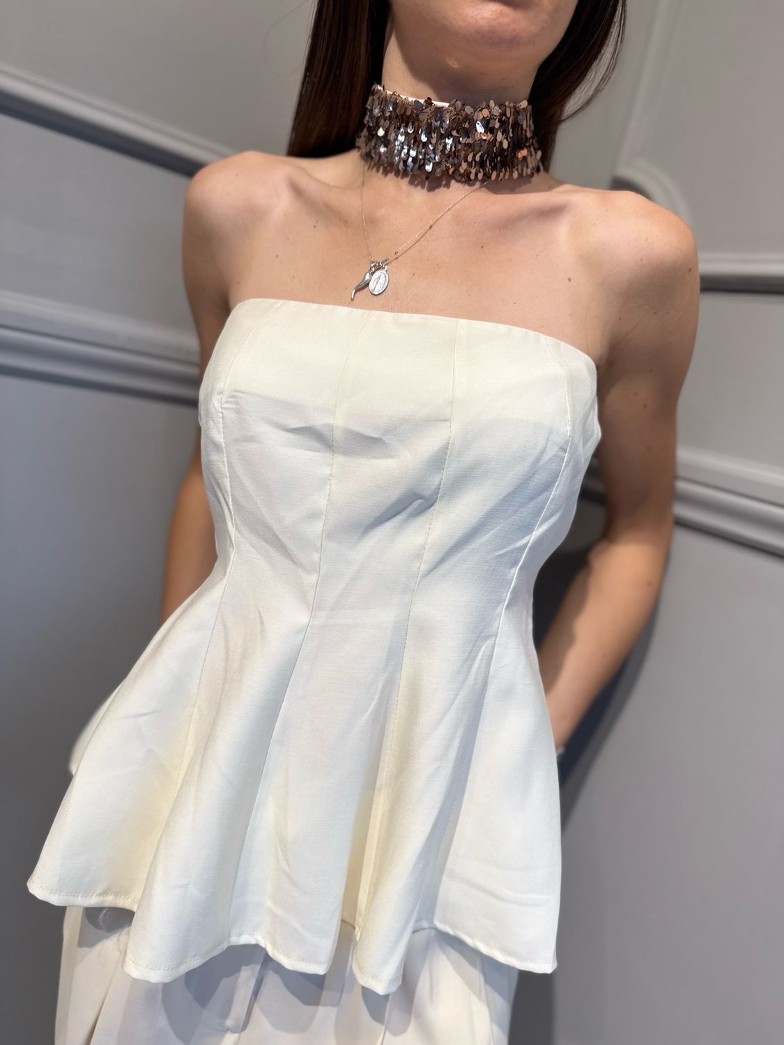 HAVE ONE - top a fascia con collarino in paillettes RVS-Q237 burro