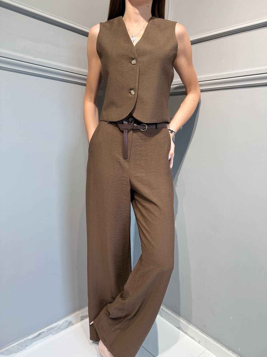 HAVE ONE - pantalone elastico dietro PIA-Q532 moro