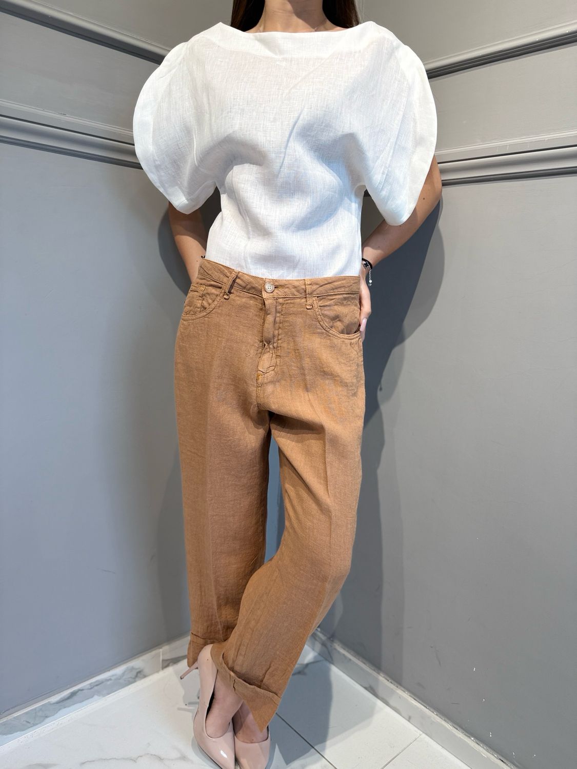 HAVE ONE - pantalone mandy in lino cammello PLS-Q223