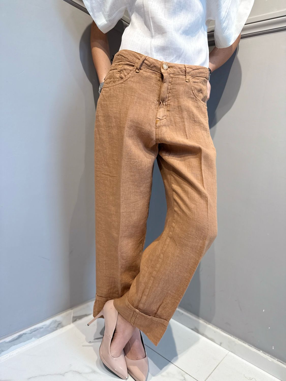HAVE ONE - pantalone mandy in lino cammello PLS-Q223
