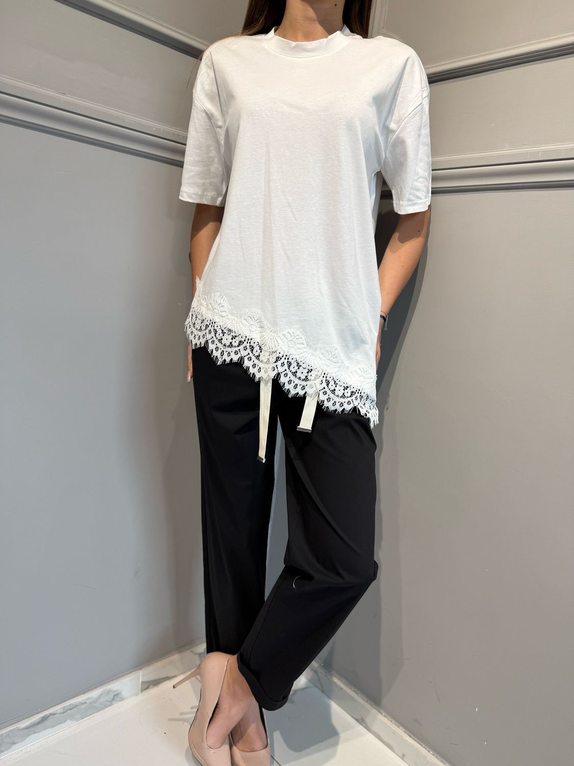 VICOLO - t-shirt con pizzo RAB0598 bianco