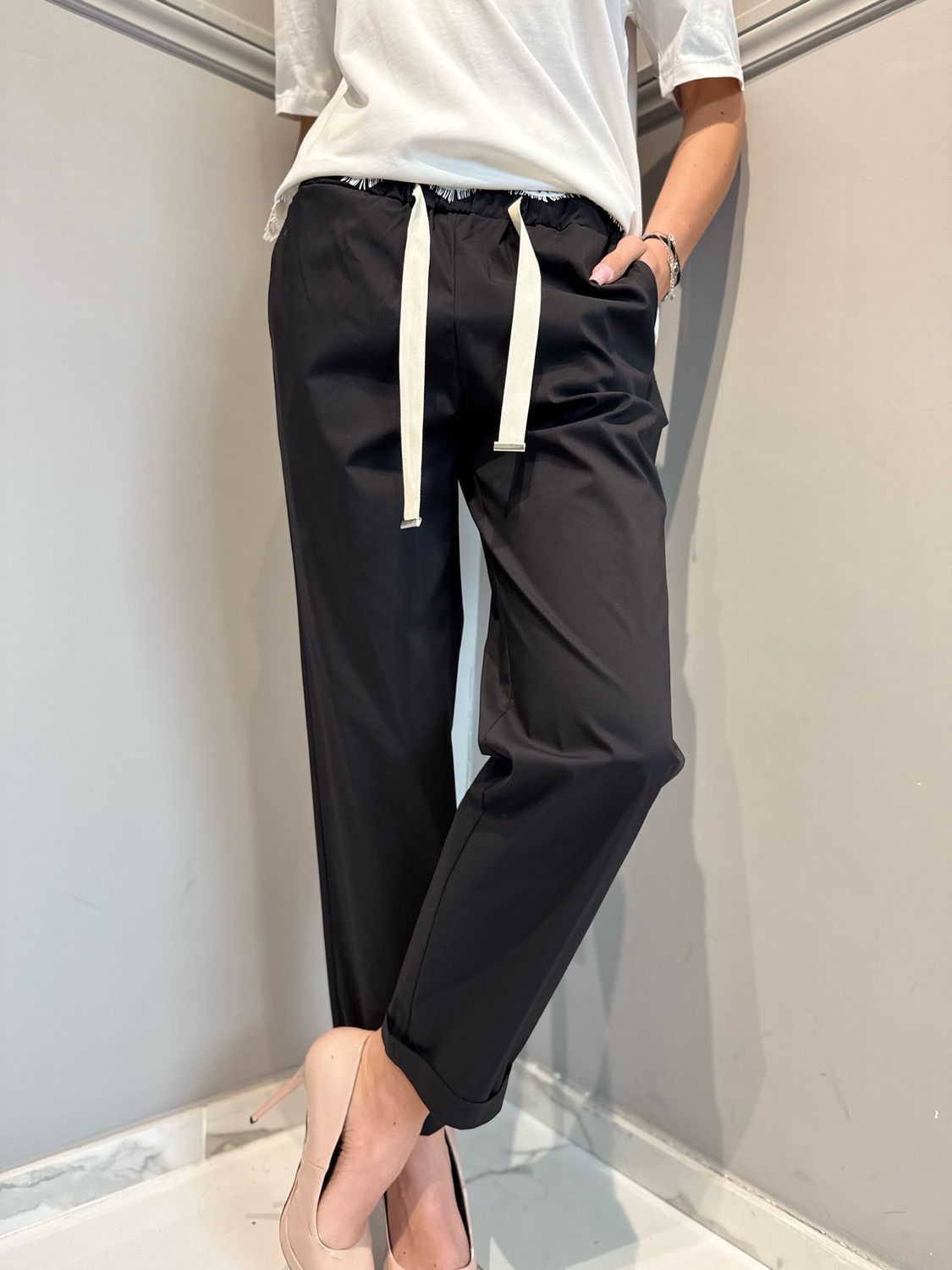 VICOLO - pantaloni in cotone leggerissimo con elastico in vita TAB1761 nero