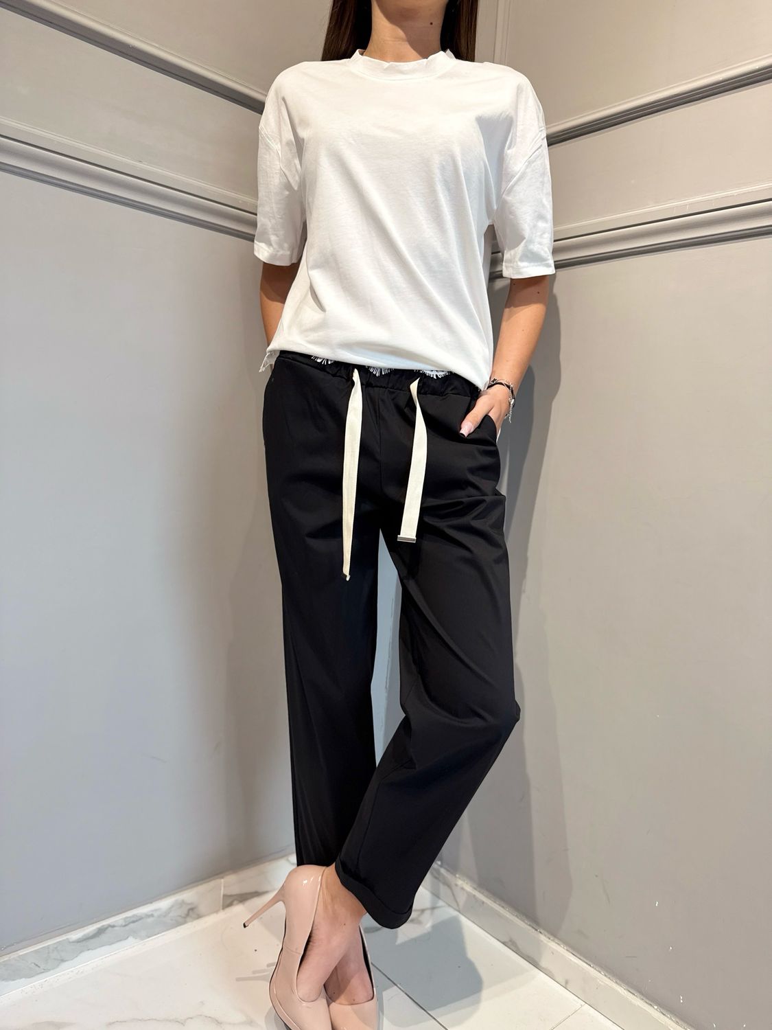 VICOLO - pantaloni in cotone leggerissimo con elastico in vita TAB1761 nero