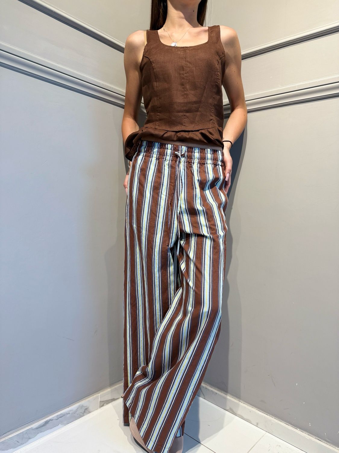 VICOLO - pantalone a palazzo con laccio a righe TAB2443 tabacco/naturale