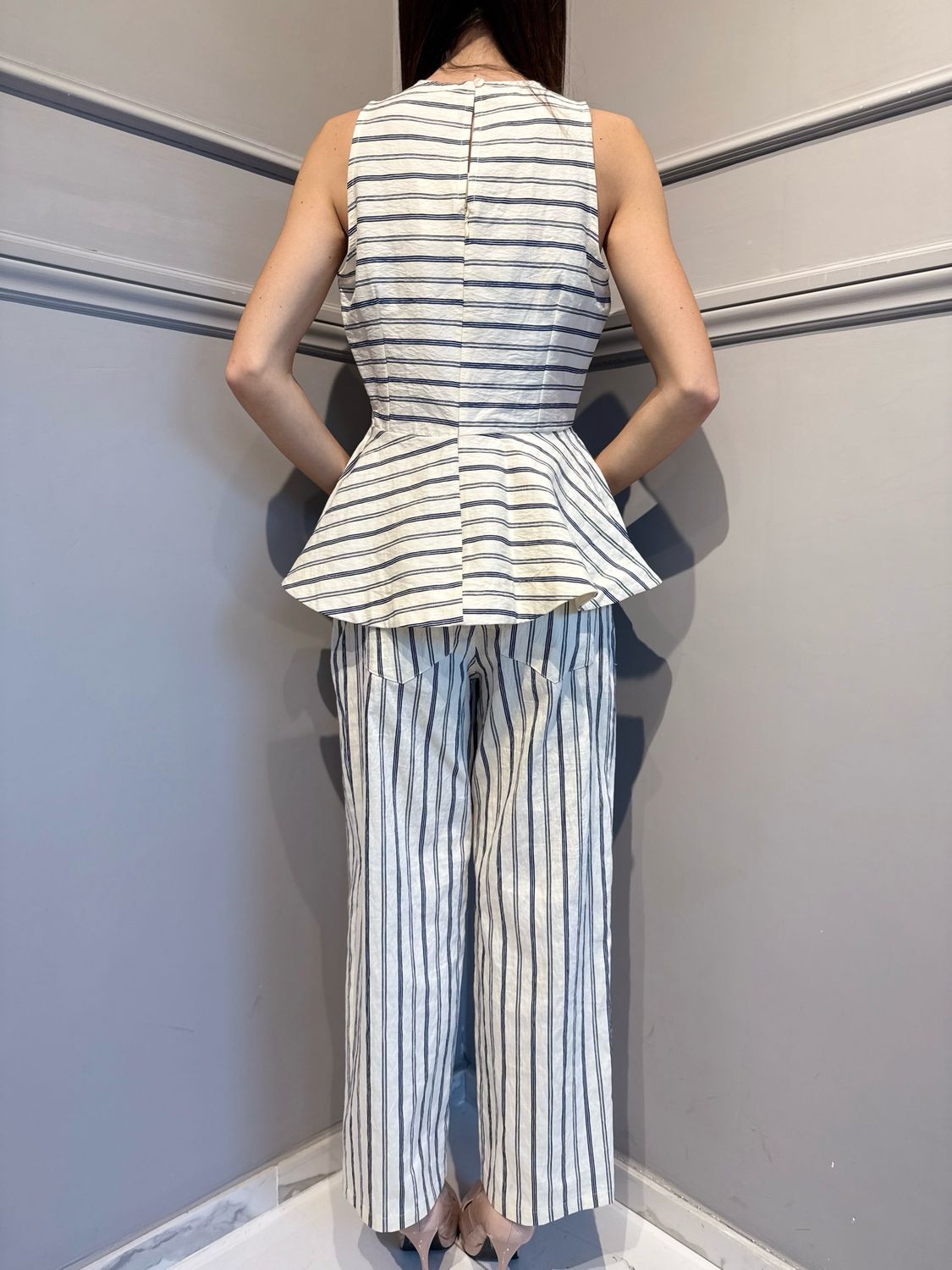 TENSIONE IN - top peplum rigato blu