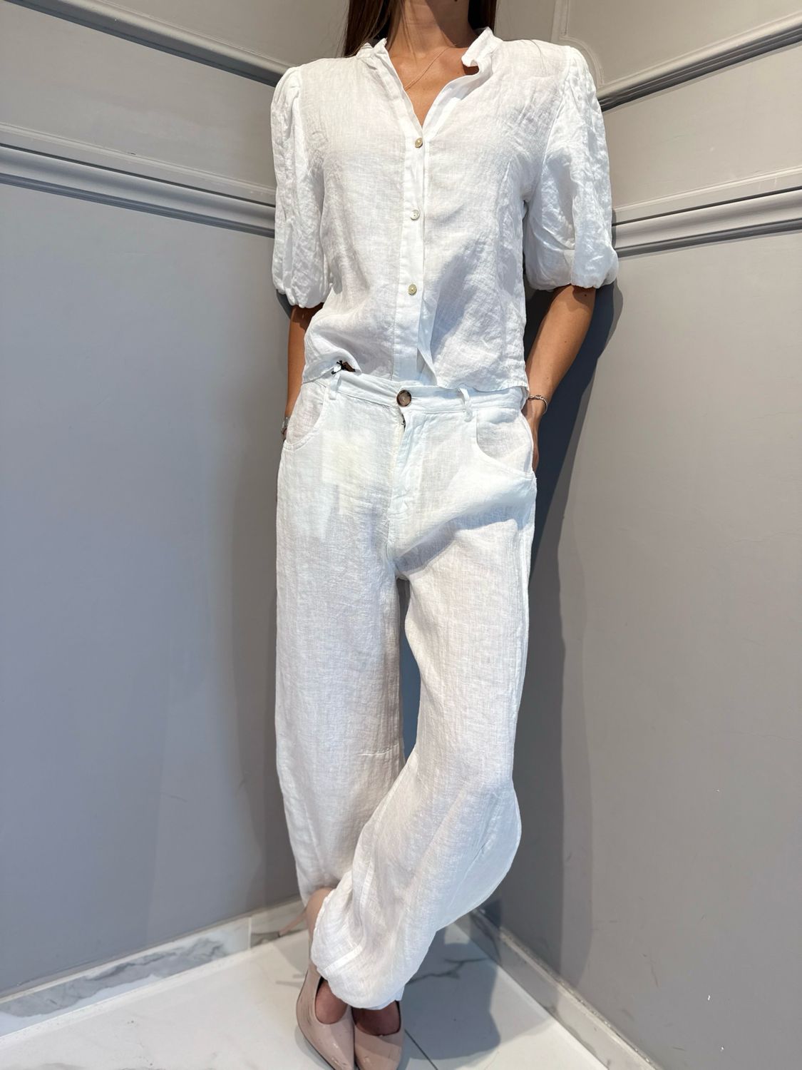 TENSIONE IN - pantalone Baloon in puro lino S26PE58 bianco