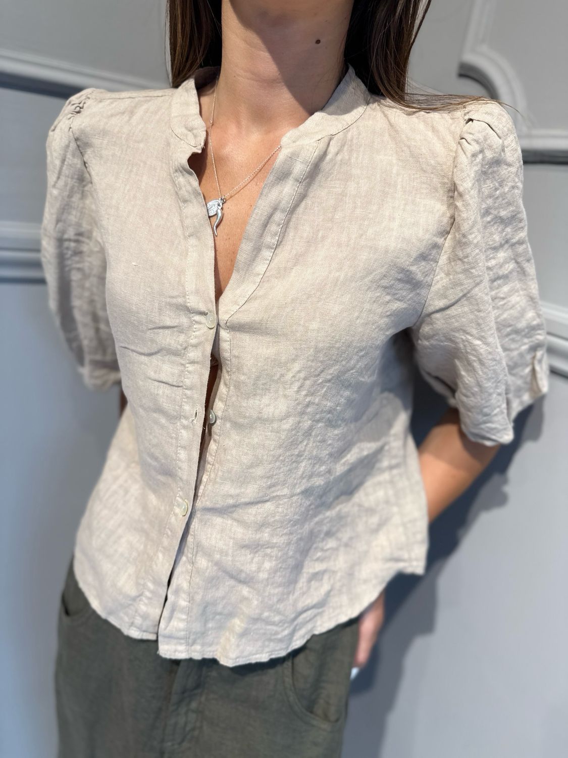TENSIONE IN - camicia maniche corte avvitata in puro lino S26CJ47 sabbia