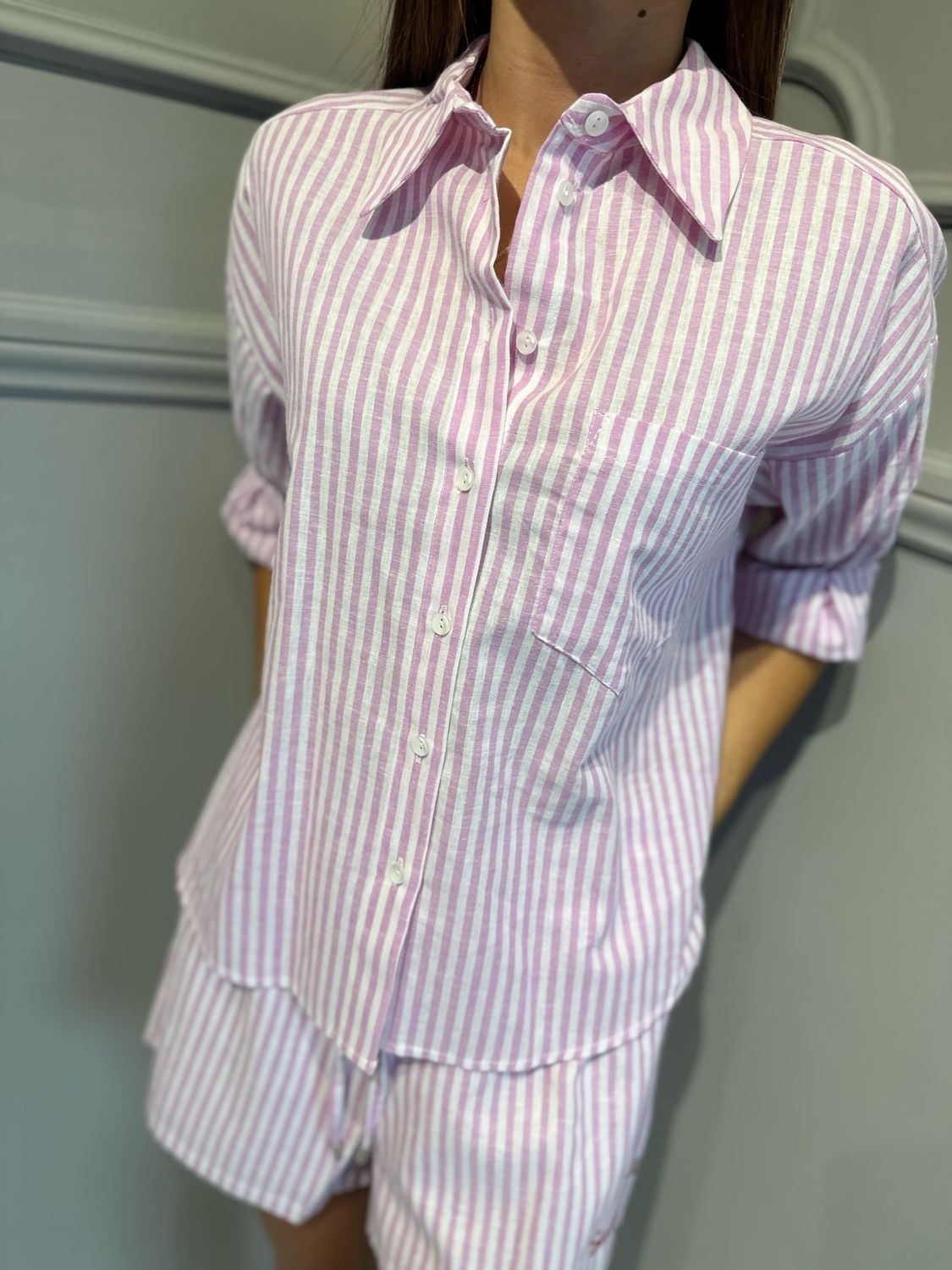 TENSIONE IN - camicia in lino a righe S26CI01 rosa
