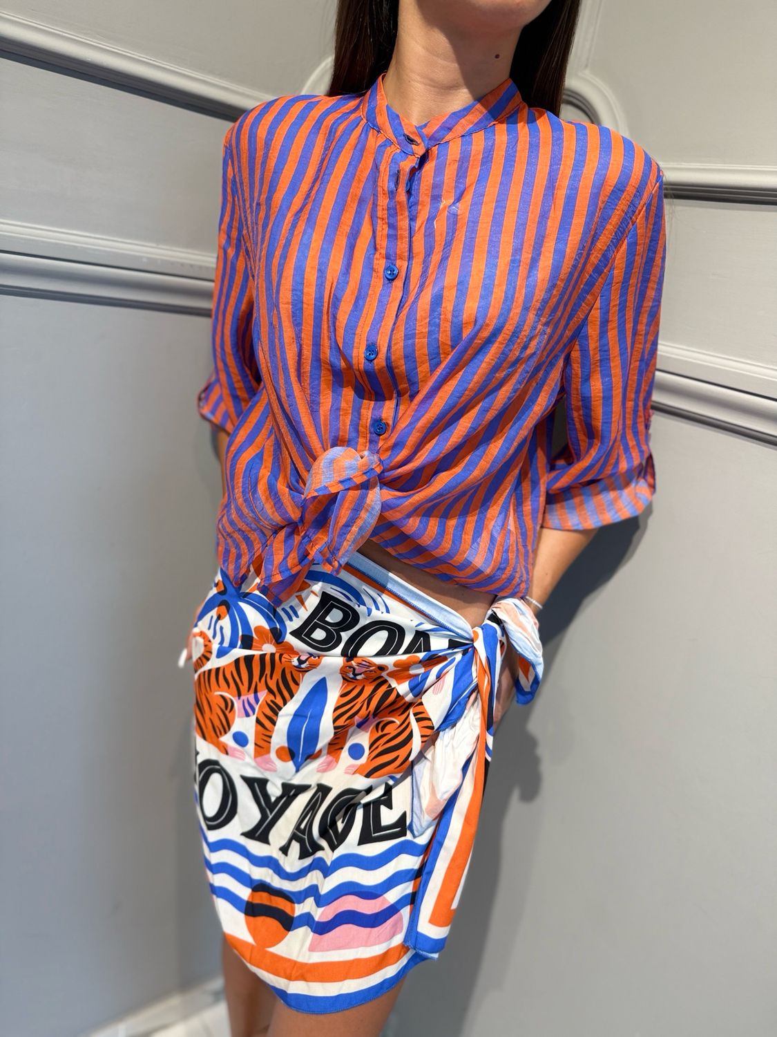 HAVE ONE - camicia eco righe CVS-Q423 royal/arancio