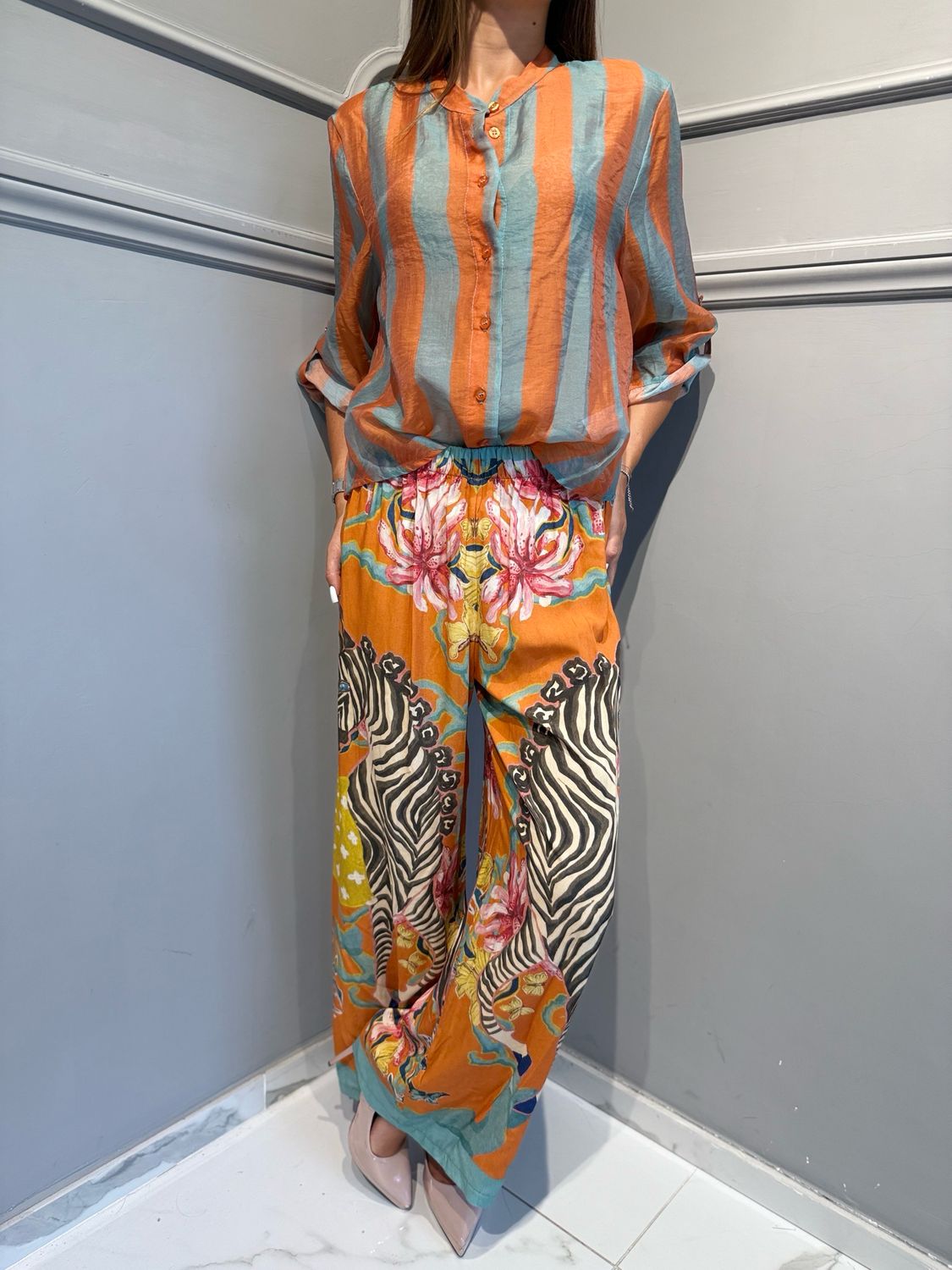HAVE ONE - camicia eco riga CVS-Q422 carta da zucchero/arancio