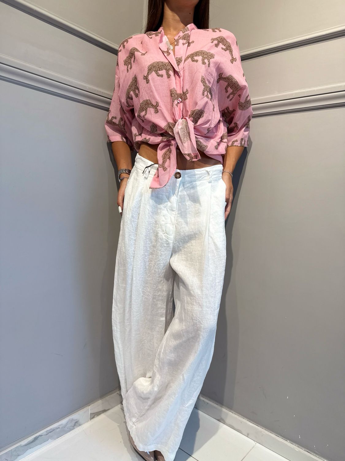 TENSIONE IN - pantalone in puro lino S26PE36 bianco
