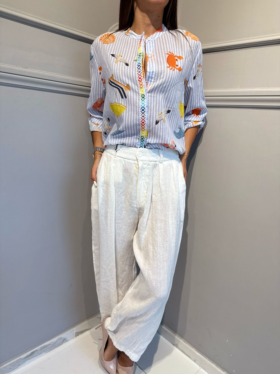 TENSIONE IN - pantalone in puro lino con pences e elastico in vita S26PL21 bianco