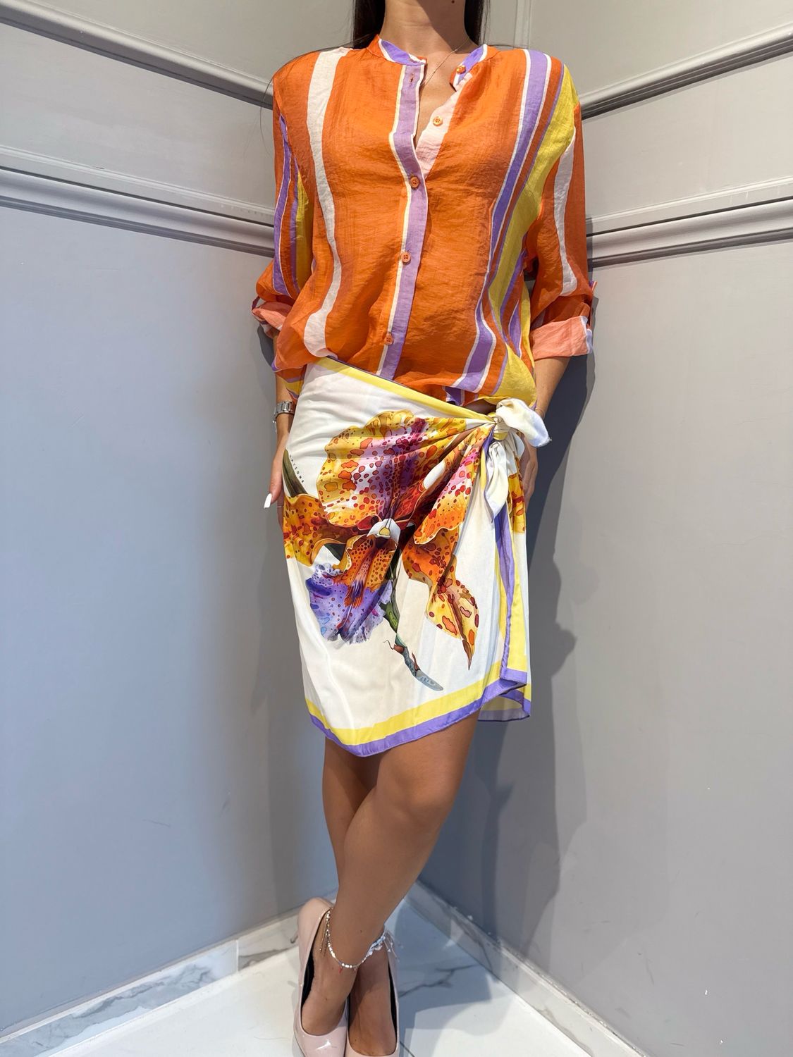 HAVE ONE - gonna corta pareo fiore GVS-Q280 arancio