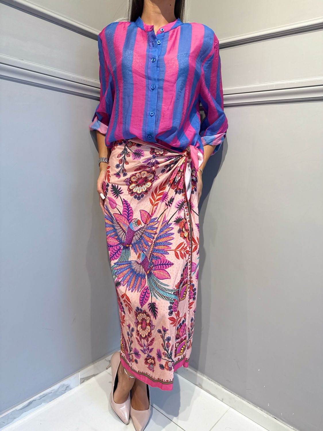 HAVE ONE - camicia eco riga CVS-Q422 azzurro fucsia