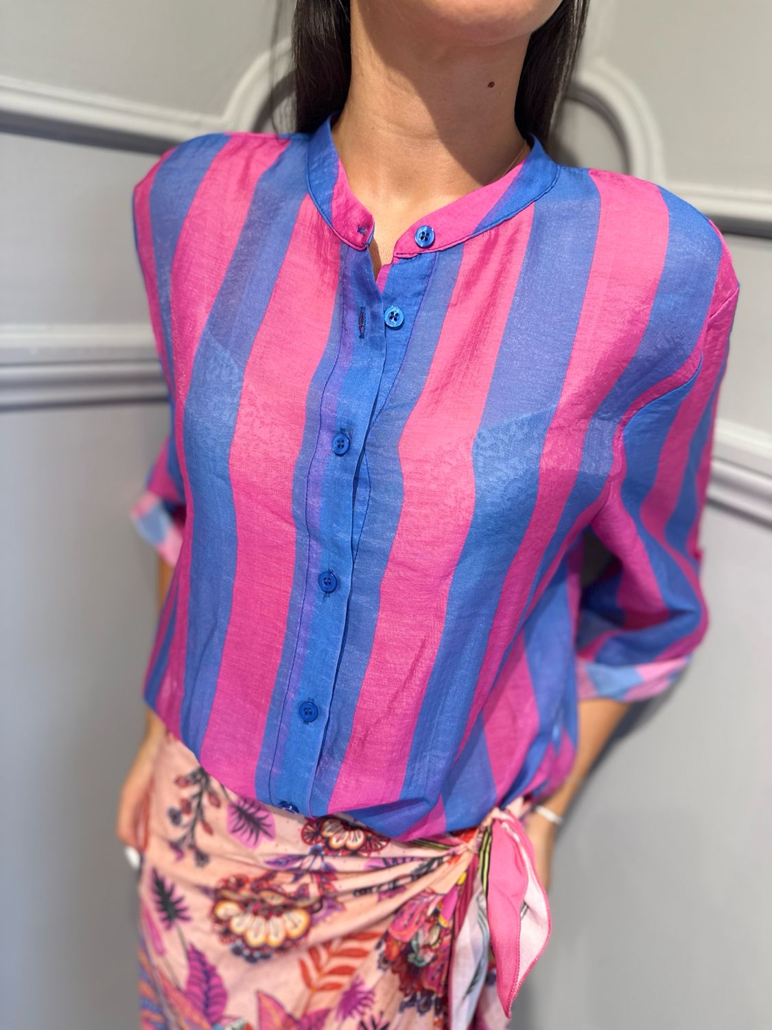 HAVE ONE - camicia eco riga CVS-Q422 azzurro fucsia