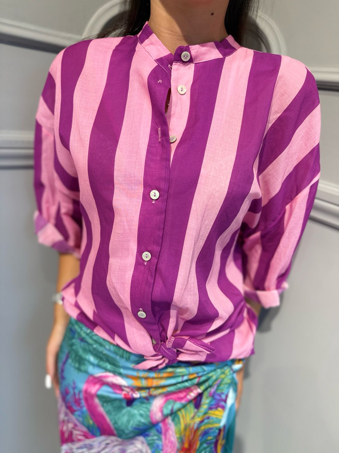 TENSIONE IN - camicia riga misto seta 40064 rosa\viola