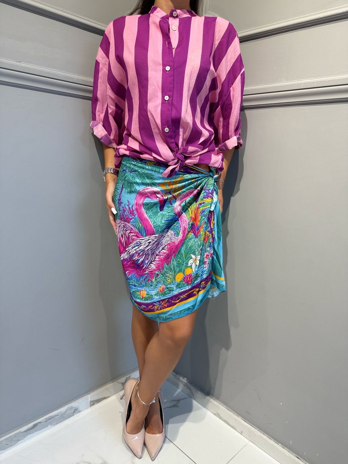 TENSIONE IN - camicia riga misto seta 40064 rosa\viola