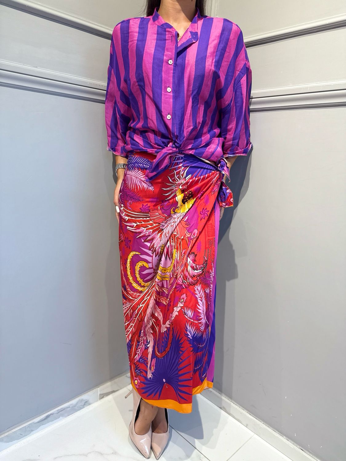 TENSIONE IN - camicia riga misto seta 40078 rosa/viola