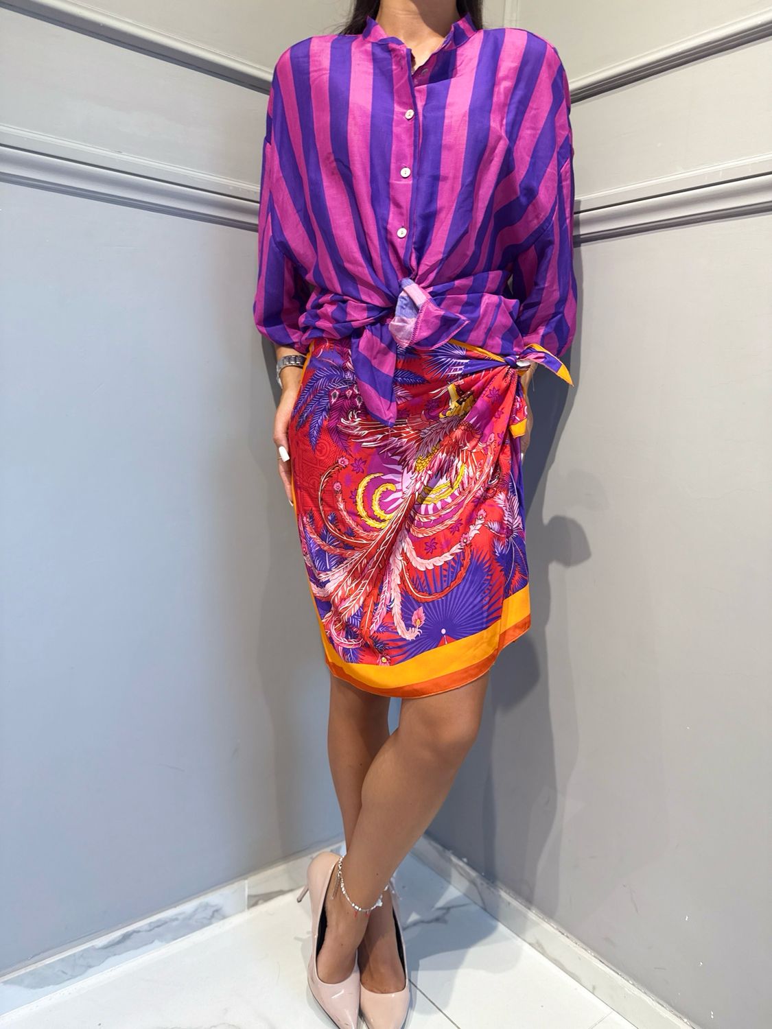 TENSIONE IN - gonna foulard corta fenice 40077 viola/arancio