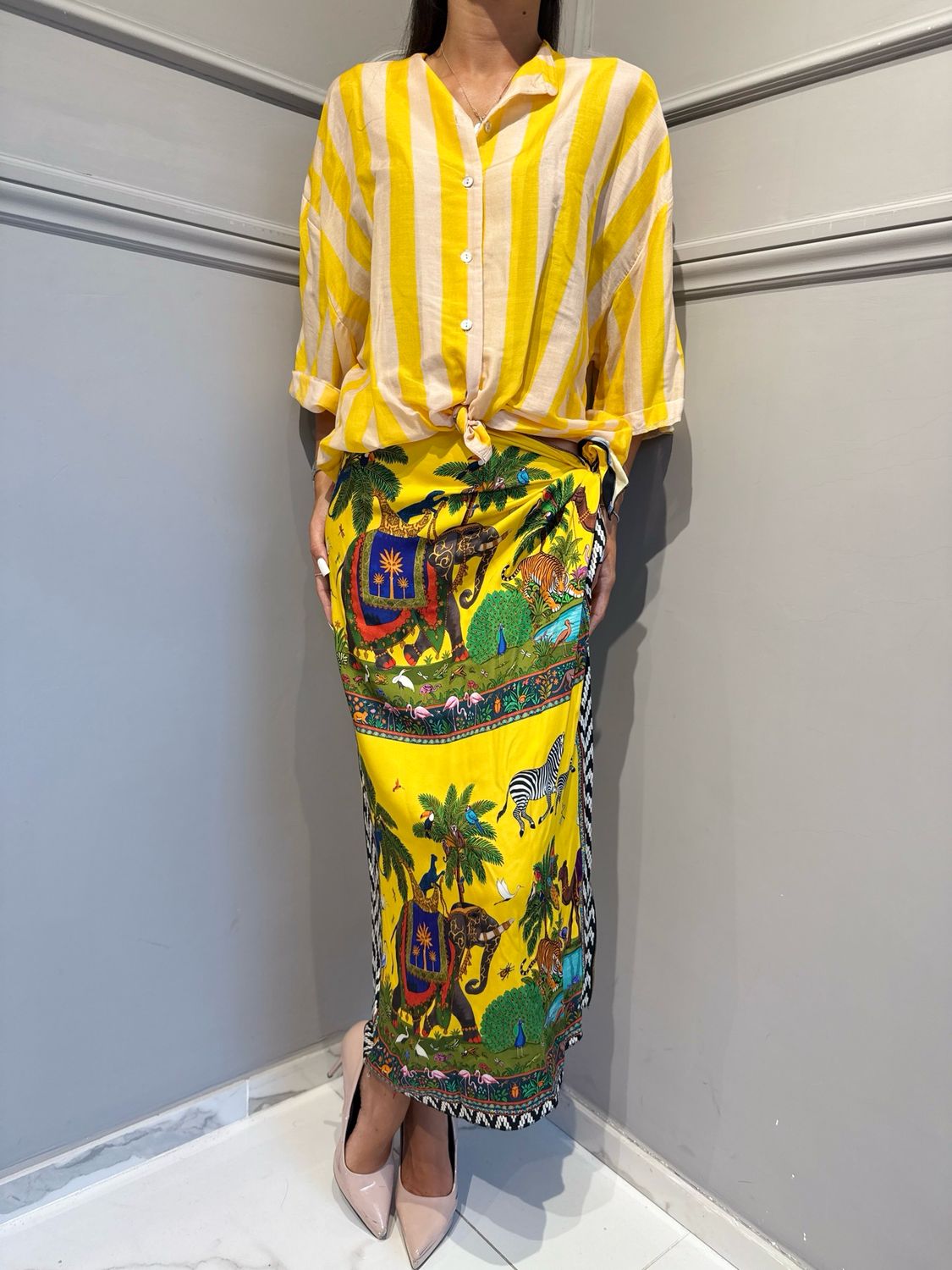 TENSIONE IN - gonna foulard lunga zebre elefanti 40068 giallo