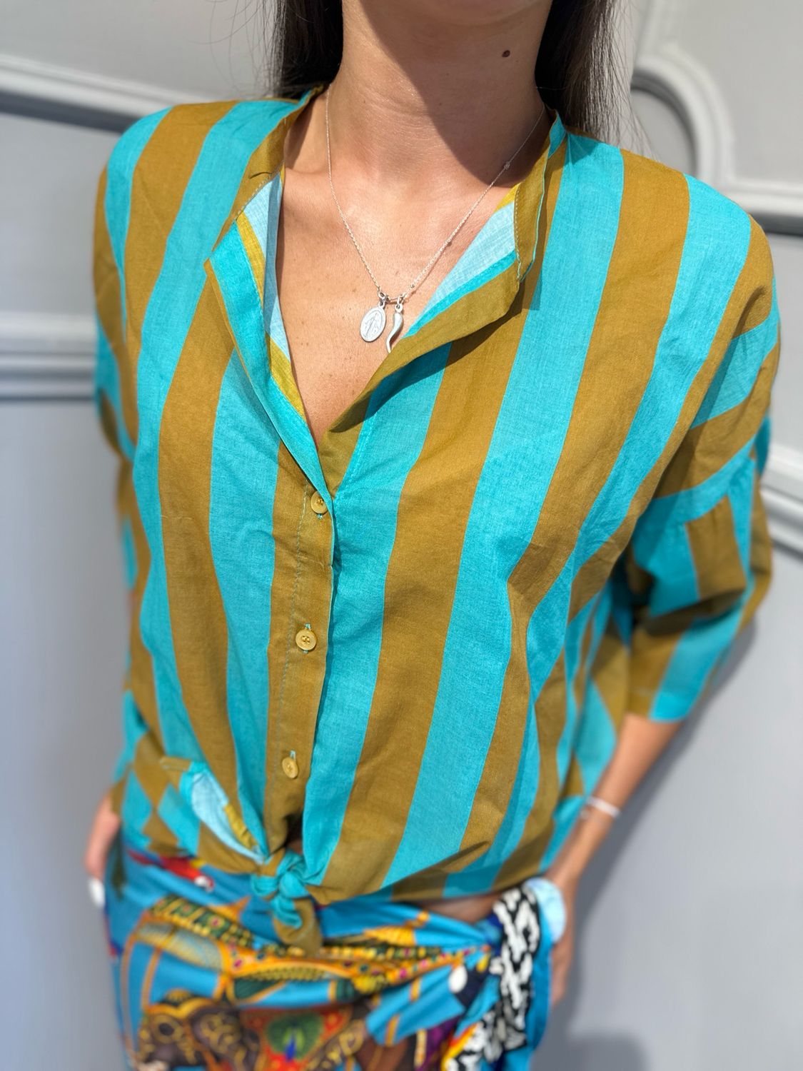 TENSIONE IN - camicia riga PE260525 verde/cuoio