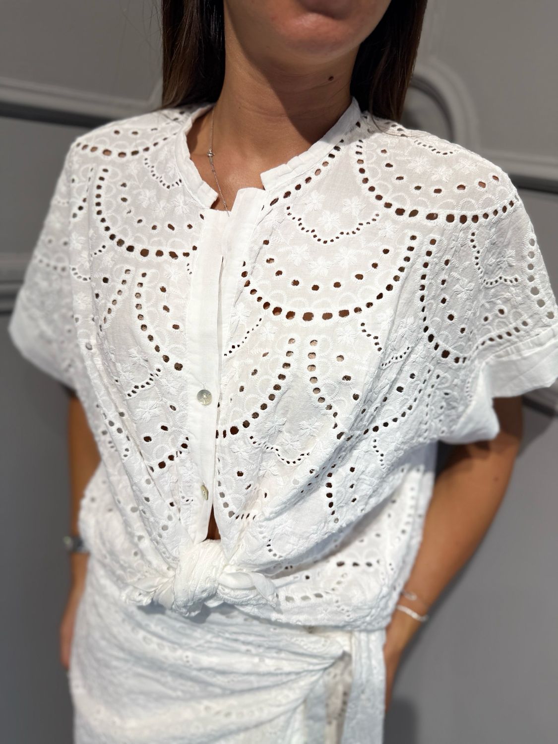 MOTEL - camicia in pizzo sangallo S26CM83 bianco