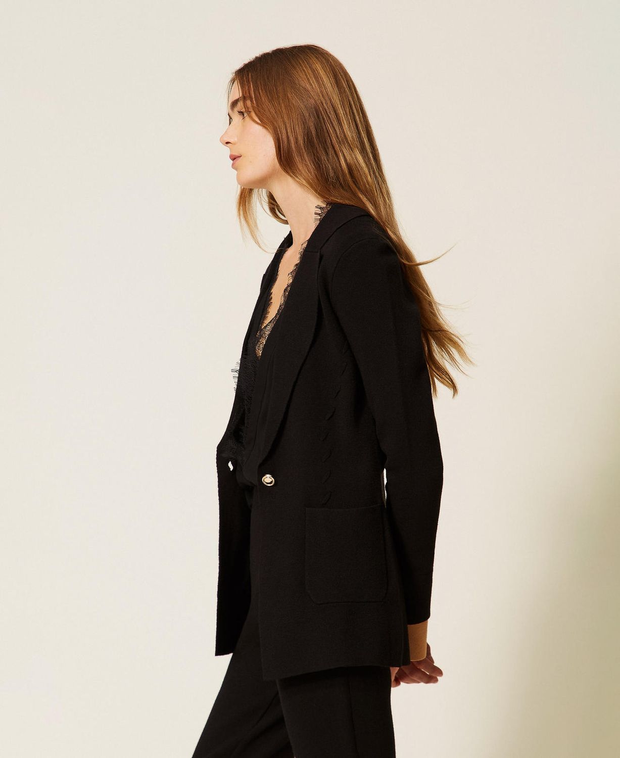 TWINSET ACTITUDE - Giacca in maglia con dettagli a contrasto nero/moro