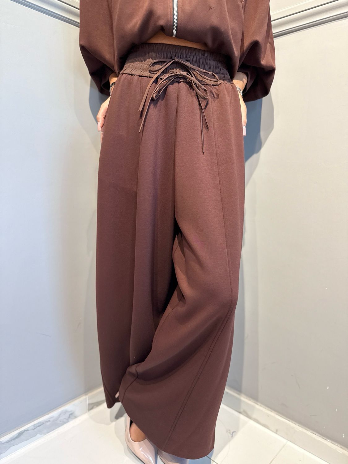 MEIMEIJ - pantalone in scuba a palazzo con inserto in ecopelle I6PM6FD17 RUM RAISIN