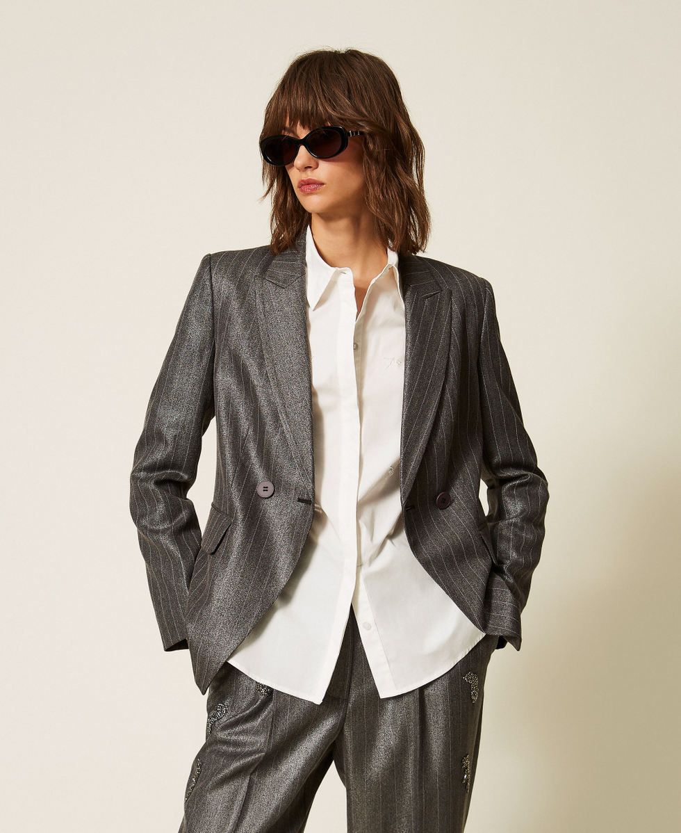 TWINSET ACTITUDE - Giacca blazer doppiopetto gessata ANTRACITE SPALMATO