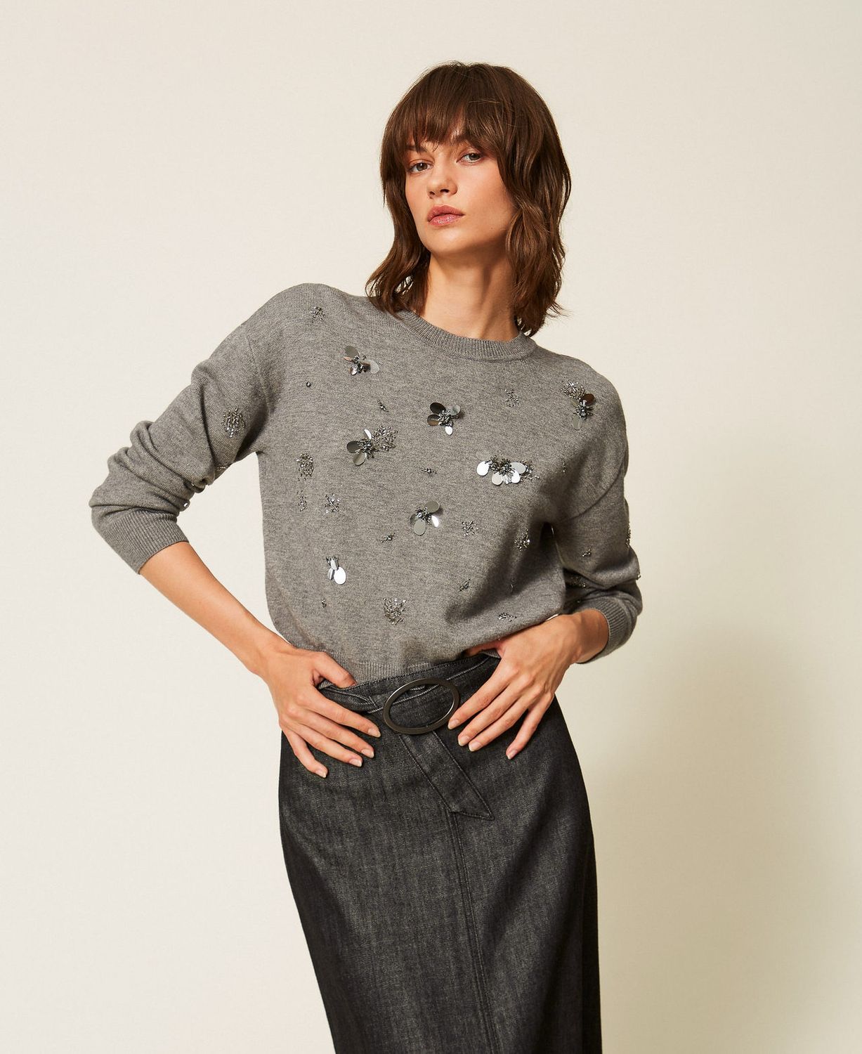 TWINSET ACTITUDE - Maglia girocollo con ricamo grigio medio mélange