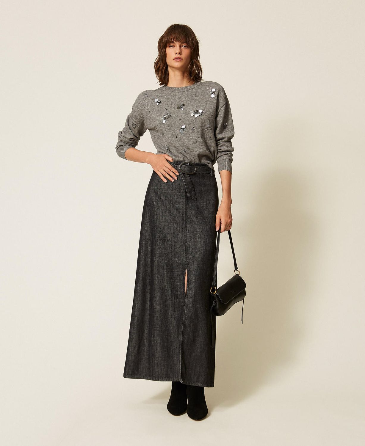 TWINSET ACTITUDE - Maglia girocollo con ricamo grigio medio mélange