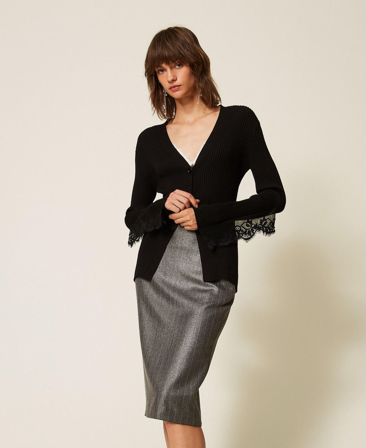 TWINSET ACTITUDE - Gonna longuette gessata antracite spalmato