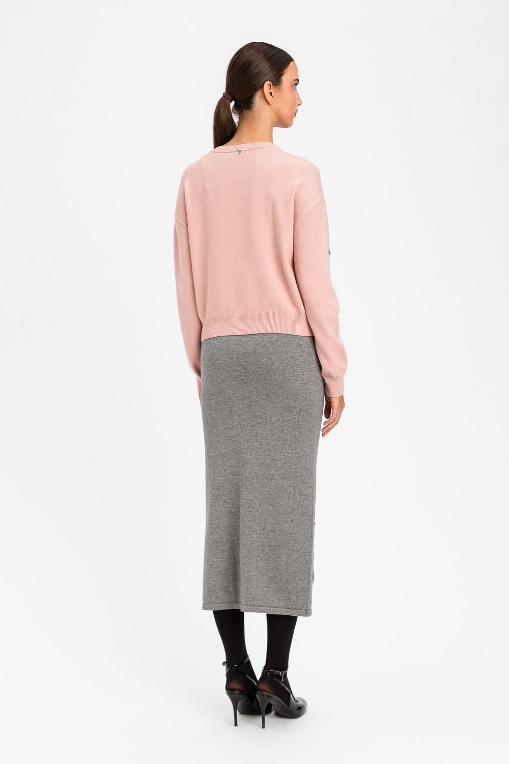 TWINSET ACTITUDE - Gonna longuette in maglia con applicazioni grigio medio melange
