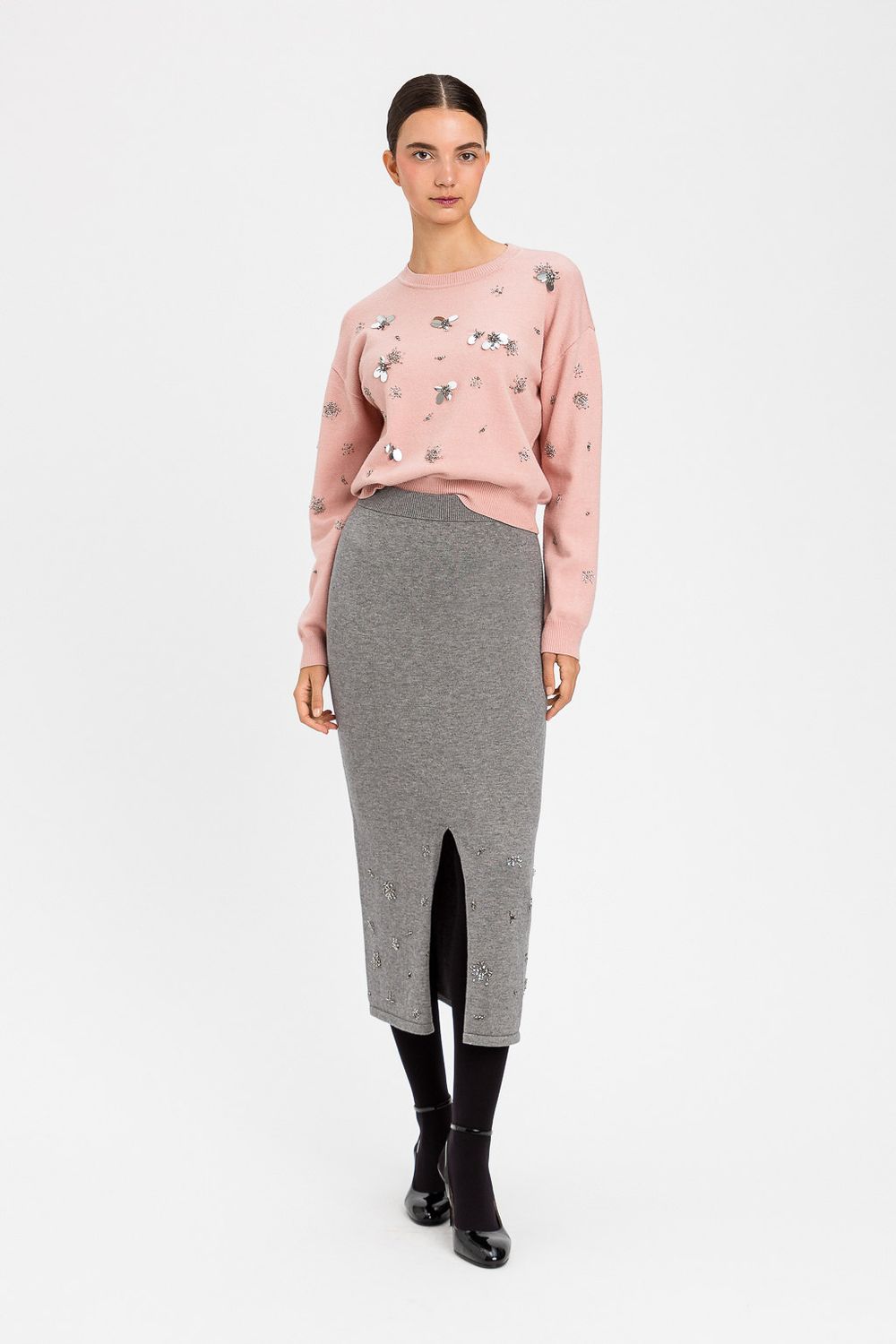 TWINSET ACTITUDE - Gonna longuette in maglia con applicazioni grigio medio melange