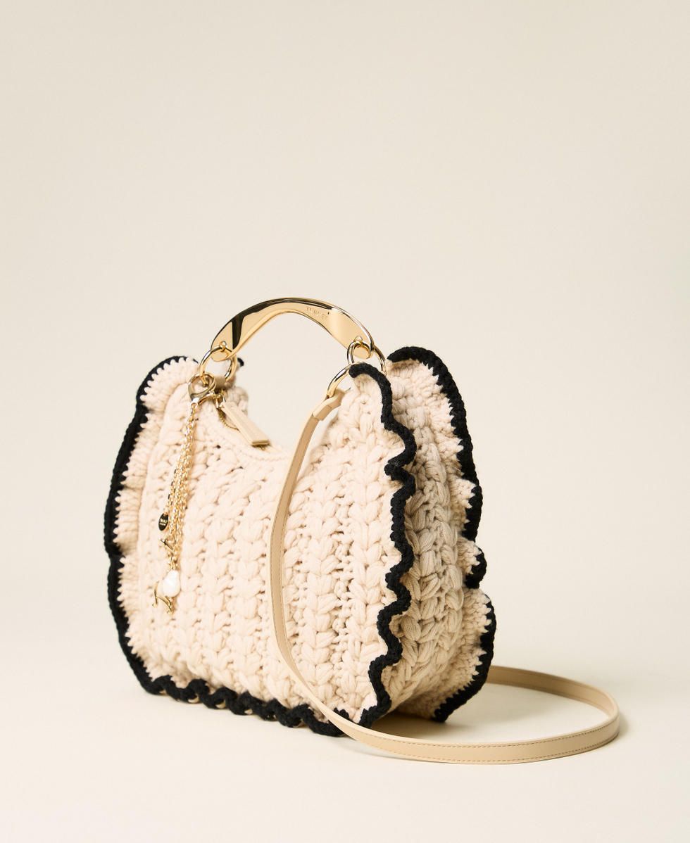 TWINSET ACTITUDE - Borsa Croissant in maglia crochet 262TB7290 Bicolor Beige "Parchment" / Nero